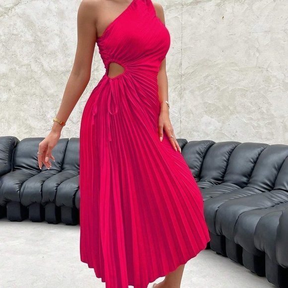Pleated One Shoulder Cutout Asymmetrical Maxi Dress Pink - Picture 4 of 5